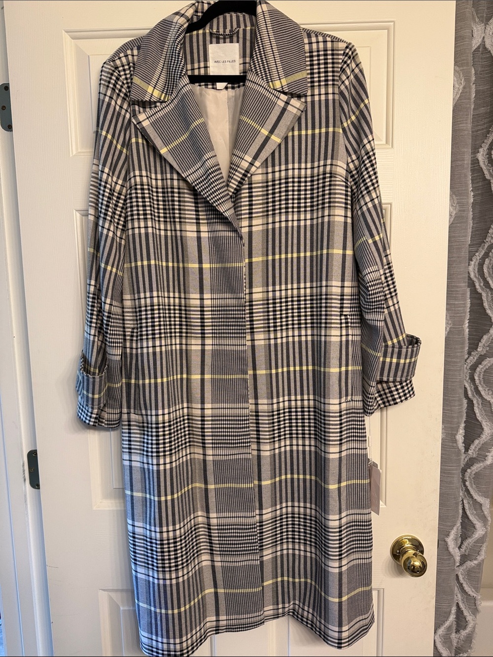 Avec Les Filles Grey/Black/yellow Plaid Trench Coat w/side pockets and back belt